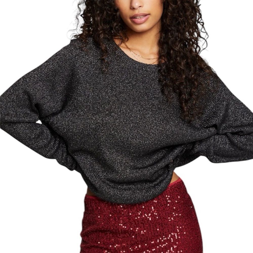 NEW Chaser Raglan Long Sleeve Stardust Metallic Thermal Scoopneck Blouse Black M
